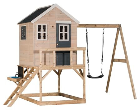 Wendi Toys M23-K Stelzenhaus mit Rutsche, Spielküche, Spielhaus Holz Kinder Outdoor 192×350×242 cm, mit Schaukel, Leiter, Wasserhahn, wetterfest
