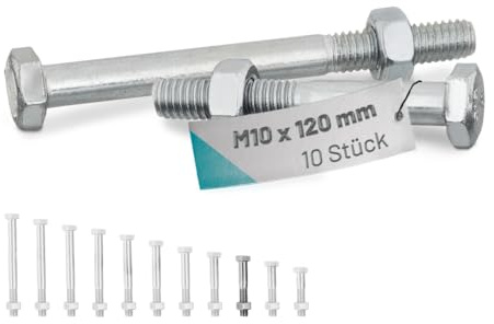 VOOXA 10St DIN931 Sechskantschrauben A2 M10x120mm+DIN934 Sechskantmutter | DIN 931 Sechskantschrauben mit Schaft Teilgewinde mit DIN 934 Mutter | für U/H-Pfostenträger | V2A Maschinenschrauben