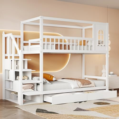 KecDuey Litera de 90 x 200 cm, cama infantil de madera maciza, cama doble, forma de casa con ventanas, diseño de valla de seguridad, con cajones de almacenamiento y escalera de seguridad, cama para