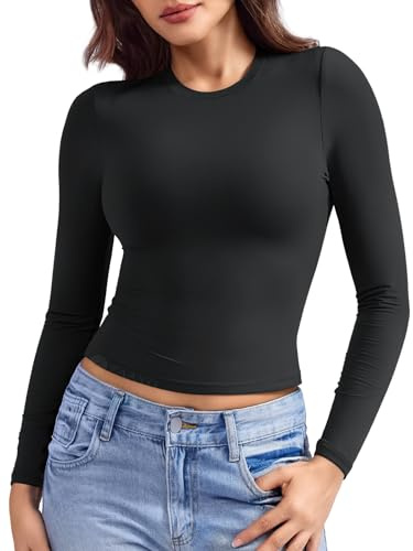 ZAAYO Basic långärmad tröja dam sport toppar kompression långärmad skjorta crop top dubbel fodrad Y2K långärmad topp ventilerande sporttoppar, svart, L