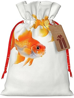 HJLUUFT Jutebeutel mit süßem Goldfisch-Druck, Weihnachtsgeschenktasche mit Kordelzug und Geschenkanhänger, für Hochzeit, Weihnachten, Party