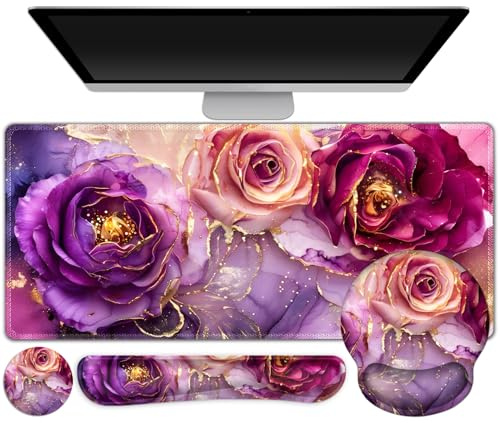 Gaming Mouse Pad Large Desk Mat, Cute Purple Marble Rose Desk Pad Protector