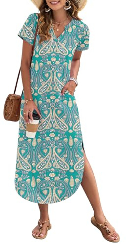 AUSELILY Women's Summer Casual Maxi Dress Short Sleeves V Neck Loose Sundress Split Long Beach Shirt Dress Vacation Boho Floral Green XL