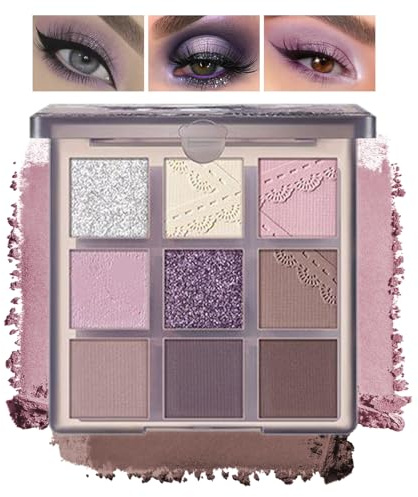 Purple Eyeshadow Palette, 9-Color Shimmer Eye Shadow Pallets for Women, Richly Pigmented Purple Eyeshadows, Waterproof & Smoothly Blendable Glitter Eye Shadows for Girls and Women