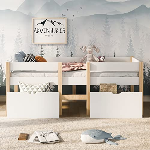 Kinderbett 90x200, Holzbett mit Schubladen, Stabil Massivholz & Holz-Platte Beistellbett mit Lattenrost und Rausfallschutz, Einzelbett Jugendbett Stauraumbett Bettgestell, ohne Matratze, Weiß&Eiche