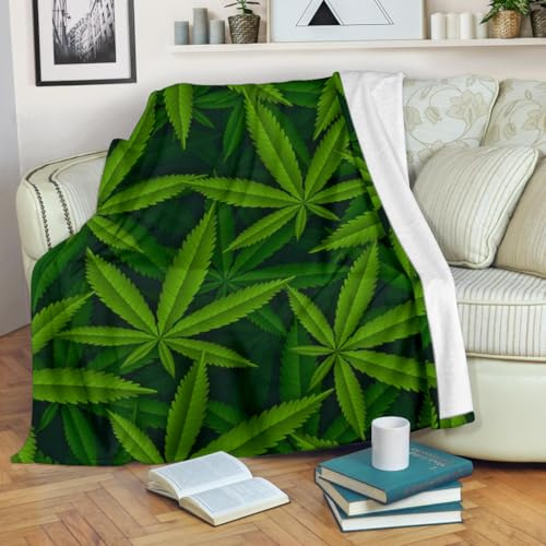 Marijuana Leaf Blanket – Green Cannabis Fleece Throw Blanket for Stoners – Cozy 420 Weed Decor for Couch, Bed or Gifts (Medium 50x60 Inches)