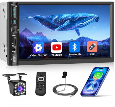 Inefala Autoradio 2 DIN Wireless Carplay Android Auto con Touchscreen 7 Pollici Stereo Auto Bluetooth con Riproduzione video YouTube, Radio FM, Mirror Link, USB, AUX, SWC, Mic, Retrocamera