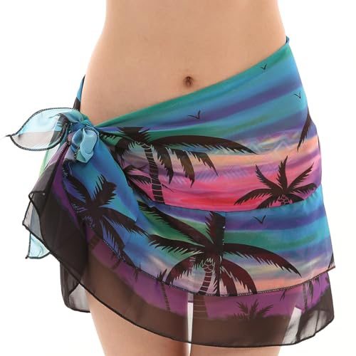 AffeGifts pareo för stranden, kort sarongduk för kvinnor, strandkläder, dubbla lager, volang, bikinisarong, wrap för resor, simning, sommarsemester, strandpool, rosa och blå, 145cm * 42 cm