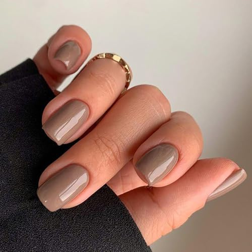 French Tip False Nails - Light Brown Nude Press on Nails Medium - Acrylic Fake Nails Pure Color Design - Reusable Glossy Stick on Nails with Adhesive Glue Stickers Nail Art Kit 24Pcs