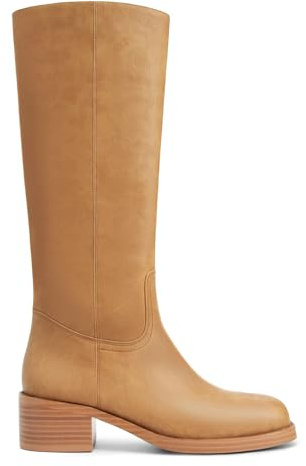 Gothictor Women's Banana Knee High Boots Square Toe Chunky Block Heel Comfortable Low Heel Pull on Wide Calf Riding Long Boots for Women Banana,Size 9