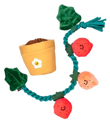 Pälsiga fabler multifunktionell interaktiv hundleksaksset, plysch blomkruka godisdispenser med pipiga jordgubbar och bogserrep, husdjursträning och lek, snuffle leksak, bogserleksak