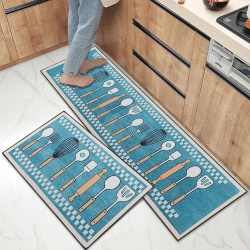 OPLERT Lot de 2 Tapis de Cuisine antidérapants et lavables, Absorbant l'eau et l'huile, Tapis de Sol lavables, pour Salle à Manger, Cuisine, Couloir,Vert,43x75+43x150cm