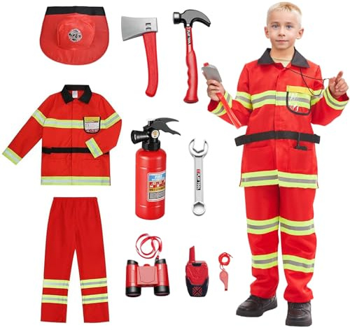Luckyou Deguisement Pompier Enfant avec Pompier Jouet Costume Pompier pour Enfant Garçon Fille Halloween Carnaval L'éducation Cosplay Jeu de Rôle Jouets