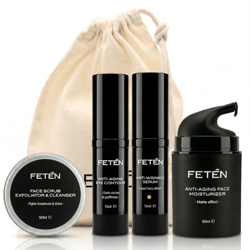 FETEN Set 360 Cuidado Facial Hombre - Pack Regalo Hombre 4 en 1 con Exfoliante, Sérum Antiarrugas con Vitamina C, Crema Hidratante y Contorno de Ojos Antiojeras