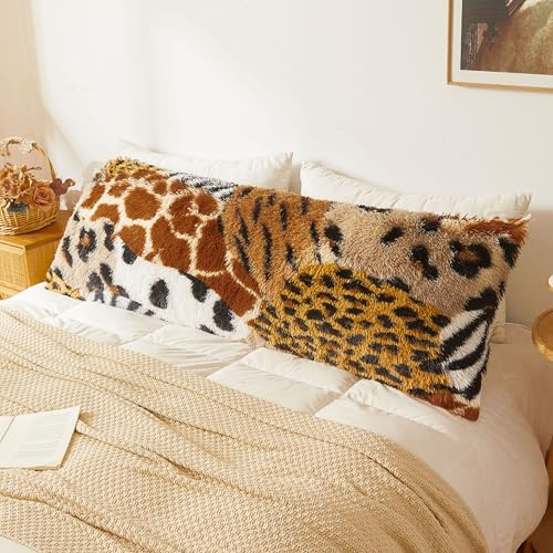 XeGe Cute Fluffy Faux Fur Animal Print Patchwork Body Pillow Cover, 20x54 Fuzzy Furry Body Pillowcase with Zipper Bedroom, Plush Shaggy Long Bed Bolster Pillow Cover for Kids Teens Adult, Animal Print