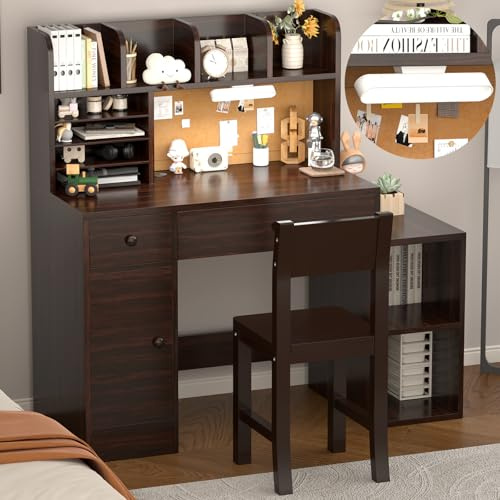 NKUGCFC Brown Wooden Kids Study Desk and Chair Set, Childrens Desk with Light, 2 Drawers, 4 Storage Cabinets and 4 Storage Open Shelves, Boys & Girls Study Desk for Bedroom and Kidsroom
