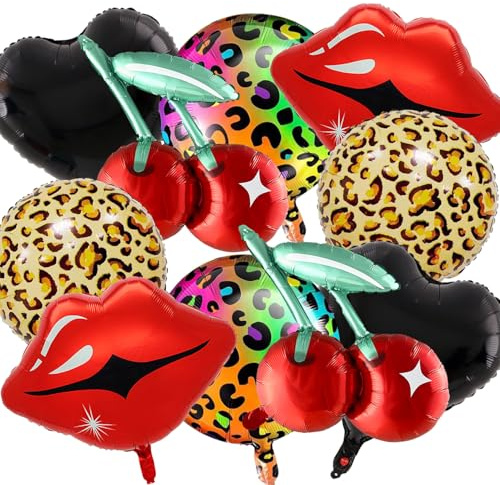 YUEcthynous Decoraciones de fiesta de guepardo, 10 unidades, estampado de leopardo, labios rojos, película fina, globo de corazón rojo y negro, fiesta única, tema de Hollywood, cumpleaños para niñas