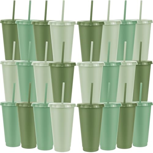 MSYU 24 vasos de plástico con tapas y popotes, vaso reutilizable de 710 ml, taza grande de viaje, taza de café, bebidas, suministros de fiesta para Navidad, boda, novia, baby shower, cumpleaños (verde