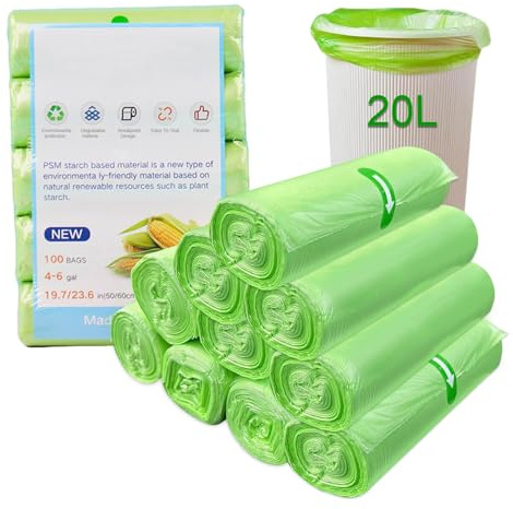 Strong & Leak-Resistant Compostable Bin Bags 20L, 50x60cm Flat Bottom Food Waste Liners, Odour Control for Kitchen, Office & Home (Flat Set 200 Pcs)