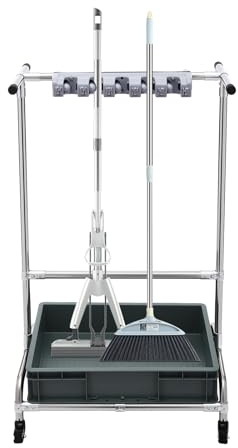 DAHAD Soporte para fregona con ruedas, soporte para escobas, estantería de acero inoxidable, organizador con bandeja recogedora, 10 soportes y 12 ganchos, carrito de limpieza móvil para baño, garaje