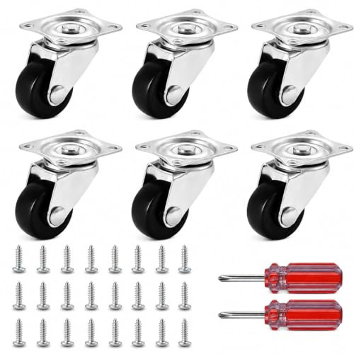 6 Stück Möbelrollen,Schwerlastrollen,Rollen für Möbel,25 mm Kompakt | Gummi ohne Bremse, 360° Drehbar, 24 Schrauben 2 Schraubendreher, für Schrank Regal Bettkasten, Haushalt Werkstatt DIY