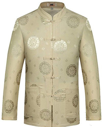 G-LIKE Chinesische Kleidung Tang-Stil Jacke - Traditionelle Tangzhuang Kostüme Jacket Farben Kampfkunst Kung Fu Tai Chi Lange Ärmel Oberhemd Outfit Uniform für Männer Frauen - Brokat (Gelb, XXL)