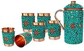 Varmohey Wasserkrug, 100% Kupfer, für den Gesundheitsbedarf, Ayurveda, robust, mit 6 Gläsern