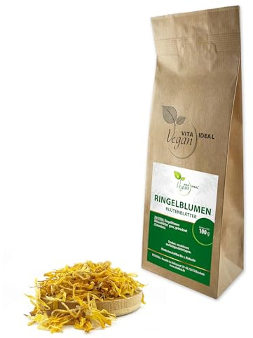 VITA IDEAL Vegan® RINGELBLUMEN - Blütenblätter 100g getrocknet - Calendula - Ringelblumenblümenblätter - RINGEL BLUMEN BLÜTEN BLÄTTER - Kräuter Tee & Aufguss, ohne Zusatzstoffe.