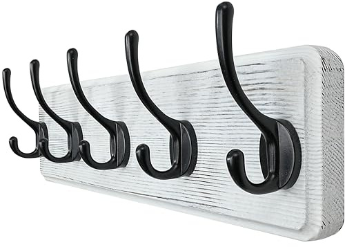 WEBI Garderobenleiste,Garderobenhaken,Wandgarderobe Holz mit 5 Haken,Kleiderhaken Wand,Hakenleiste Garderobe,Jackenhalter Wand für Mäntel,Jacken,Schwarz auf Weiß