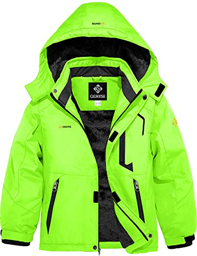 GEMYSE Jungen Skijacke Wasserdichte Winterjacke Warm Gefütterte Kinder Winddichte Schneejacke mit Kapuze für Aktivitäten im Freien(Leuchtend Grün 01,140-146)