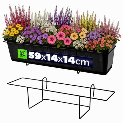 KADAX Support de pot de fleurs suspendu pour balustrade, balcon, terrasse, jardinière, intérieur et extérieur, support de plantes en acier, support de jardinière avec crochets, noir (M, droit)