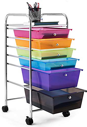 DREAMADE Rollwagen mit 6 Schubladen, Großer Stauraum, Mobiles Schubladenregal, Haushaltswagen, Badtrolley, Rollcontainer mit Metallgestell, Rollschrank, 32,5 x 37 x 74,5 cm (Mehrfarbig)