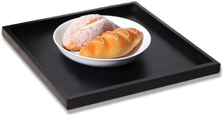 Fyrkantig svart serveringsbricka, trä matbricka dekorativ ottomansk bricka butler bricka frukostbricka för kök restaurang, 30 cm