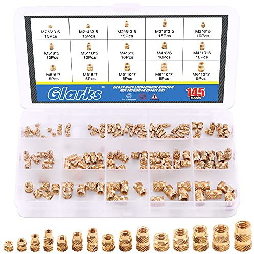 Glarks 145 Stück M2 M3 M4 M5 M6 Innengewinde Rändelmuttern Messing Gewindeeinsatz Einbettmuttern Sortiment Kit für 3D-Drucker