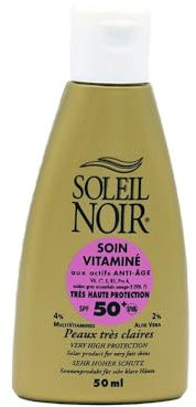 Soleil Noir - Soin Vitaminé SPF 50+ Très Haute Protection 3 Filtres UVA et UVB - Peaux Très Claires - Vitamines A, C, E, Aloé Vera - Fabrication Française - Flacon avec Capsule Service, 50 ml