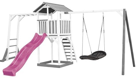 AXI Beach Tower parco giochi in legno in grigio e bianco | Torre di gioco con sabbiera, struttura per arrampicarsi, altalena a nido e scivolo viola | Casa per bambini su palafitte per il giardino