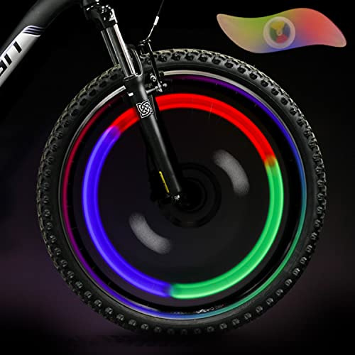TAGVO LED Roue Lumières (Rouge + Vert + Bleu + Multicolore) Lot de 4, Rayons de Roue Vélo pour VTT VTC Bicyclette Adultes et Enfants, Lampe à LED Étanche à néon à pneus avec 3 Modes Clignotants