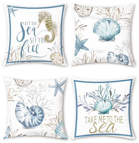 Bonhause 4er Set Kissenbezüge Nautisch Küsten 45 x 45 cm Ozean Strand Muschel Koralle Seestern Samt Soft Dekorative Kissenhülle Zierkissenbezüge für Sofa Wohnzimmer Zuhause Dekoration