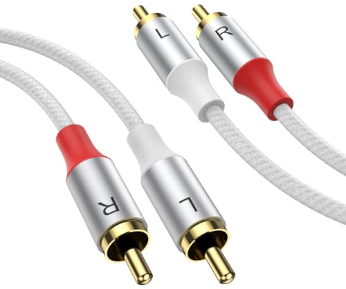 MOSWAG Stereo RCA kabel, RCA-kontakt till RCA-kontakt, stereoljudkabel, 5 m subwooferkabel, 24 Karat, guldpläterad flätad nylon för hemmabio, ljud, HDTV, bilradio, högtalare