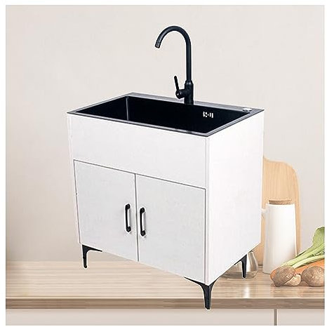 Lavandino da Esterno Nero/Bianco con mobiletto, lavello da Cucina a Vasca Singola, Mobile per lavabo da appoggio Commerciale e cassetto Combinato per Lavanderia e ripostiglio, Cucina, Bagno (Color :