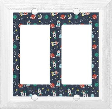 Rocket Clipart Space Ship Print Wall Plate,Wood Grain Double Switch Trim Siding,Plate Covers For Kitchen Bedroom Farmhouse Bathroom With Screws 4.9 X 4.9