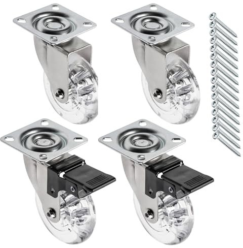 GTV - Möbelrollen BRAZIL, Lenkrollen, 4 Stück set Rollen für Möbel: 2x Rollen mit Bremse, 2x ohne Bremse, aus Stahl und Gummi, +16 PanHead-Schrauben 5x15/16, Durchmesser: 75 mm, Farbe: Transparent