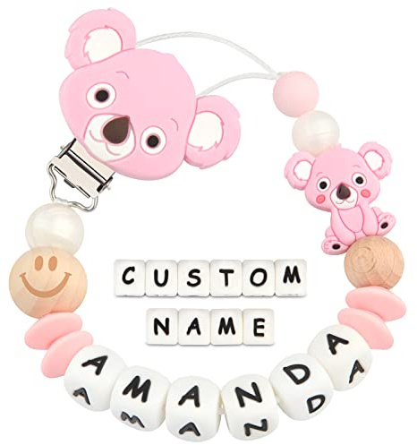 Yolnkos Schnullerkette mit Namen Jungen Mädchen Personalisiert Schnullerclip Koala(Rosa)