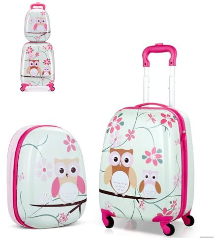SOARS Set di Valigia 16’’ + Zaino 12’’ per Bambini 2 Pezzi, Bagagli 2-in-1 con Zainetto da Viaggio Aereo, Trolley con Maniglia Telescopica e 4 Ruote a 360° (Rosa Gufo-S)
