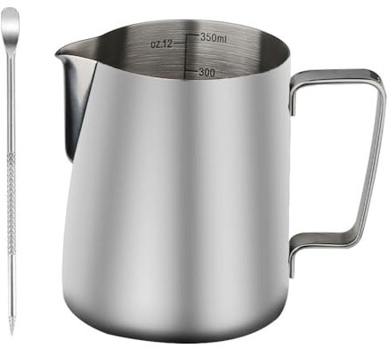 Atliberswo 304 Edelstahl Kaffee Milchkännchen, 350 ml Aufschäumkanne, Latte-Art-Stift, Milchschäumbecher mit Messmarkierungen, Geeignet für Cappuccino und Espresso, Vielseitiges Barista-Zubehör
