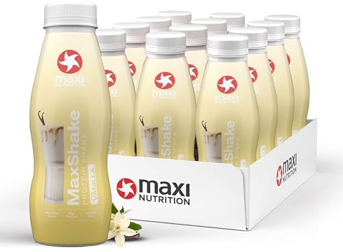 MaxiNutrition MaxShake Protein Milchshake Vanille, 12x 330ml, cremiger Eiweiß-Shake für unterwegs, 25g Protein, low fat & low carb, laktosefrei, ohne künstliche Aromen, Made in Germany