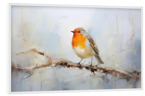 artboxONE Poster mit weißem Rahmen 30x20 cm Natur Ölgemälde eines Rotkehlchens - Bild Tier gemälde impressionistisch