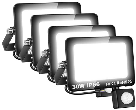 AUXTINGS 4 Piezas 30W Foco LED Exterior con Sensor de Movimiento, IP66 Impermeable Foco Proyector LED Exterior, 6000K Blanco Frío Floodlight para Casa, Garaje, Patio, Terraza,Campo,Jardín,Plaza