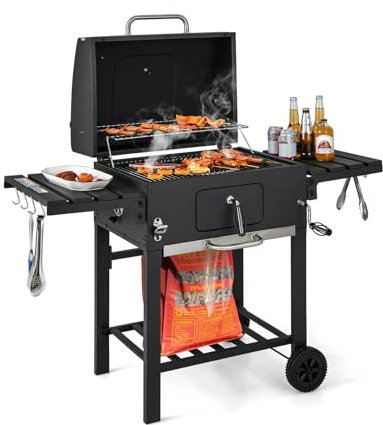 GYMAX Holzkohlegrill tragbar, Gartengrill mit 2 rädern & Kochbereich, Grillwagen mit 2 klappbaren Ablagetischen, Thermometer & Flaschenöffner, für Garten, Camping & Balkon