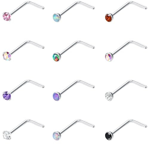 Sllaiss 20G Edelstahl Nasenpiercing Stecker für Frauen Männer 12 Stücke Nasenstecker Nasenpiercing Chirurgenstahl Zirkonia Opal Piercing Nase 18G Nostril Piercing Schmuck L-Form 18G